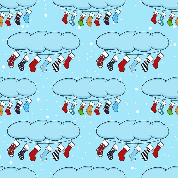 Niedliche Cartoon-Illustration zum Thema frohe Weihnachten und ein glückliches neues Jahr mit einem festlichen Winter-Weihnachtskranz aus Socken für Überraschungen. Vektor nahtlose Muster für Design Weihnachtsgeschenke — Stockvektor