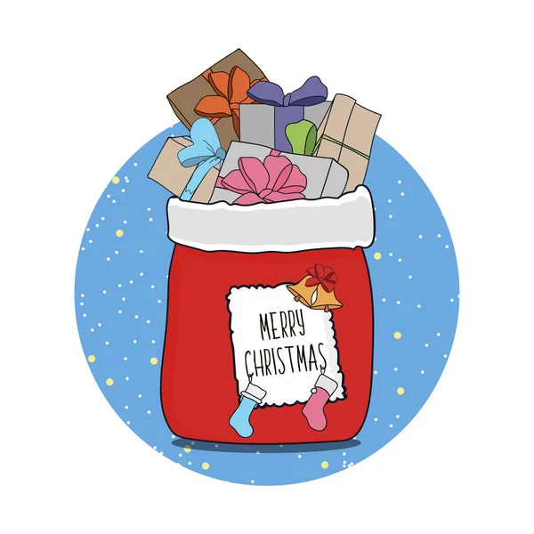 Bonita ilustración de dibujos animados sobre el tema de la feliz Navidad y feliz año nuevo con regalos y sorpresas en la bolsa de Santa Claus. Vector — Vector de stock