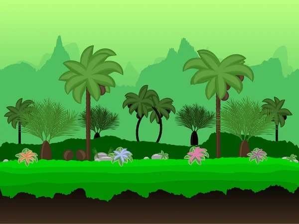 Pemandangan alam kartun tanpa laut vektor, latar belakang tropis tanpa akhir dengan pohon palem, kelapa, bunga eksotis dan beberapa tingkat pegunungan - Stok Vektor