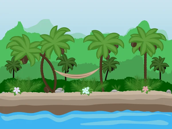 Vector paisagem natureza dos desenhos animados sem costura, fundo tropical sem fim com praia com palmeiras, cocos, flores exóticas e montanhas de vários níveis — Vetor de Stock