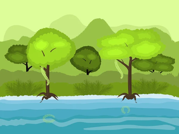 Vector Dibujos animados sin fisuras paisaje de la naturaleza, fondo tropical interminable con la playa con árboles viejos, vides exóticas y montañas de múltiples niveles — Vector de stock