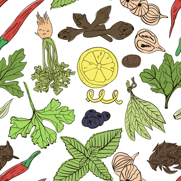 Hand drawn vector seamless pattern of spices — 스톡 벡터