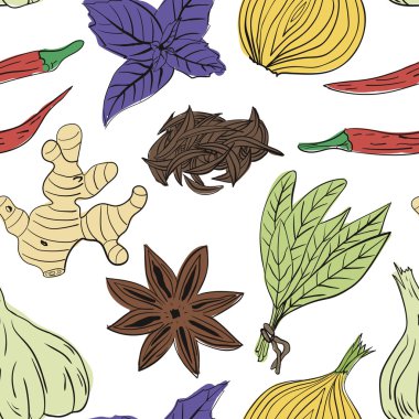 Hand drawn colorful vector seamless pattern of spices