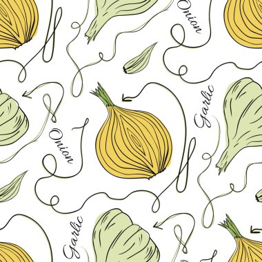Hand drawn original vector seamless pattern with onions and garlic
