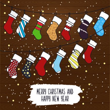 Cute cartoon illustration on the theme of merry Christmas and happy new year with a festive winter Christmas garland out of socks for gifts and surprises on wooden background. Vector