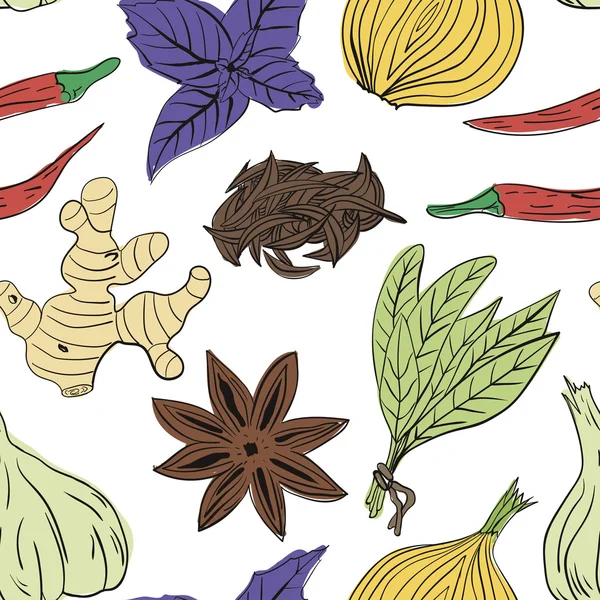 Hand drawn colorful vector seamless pattern of spices — Stockvector