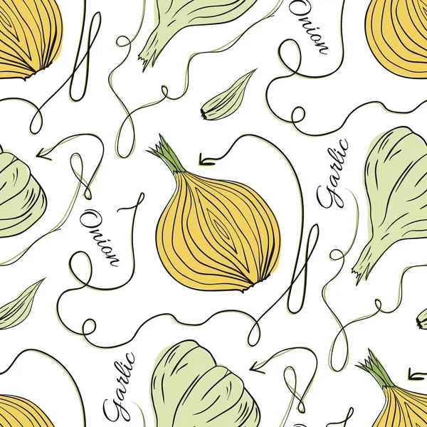 Hand drawn original vector seamless pattern with onions and garlic — Wektor stockowy