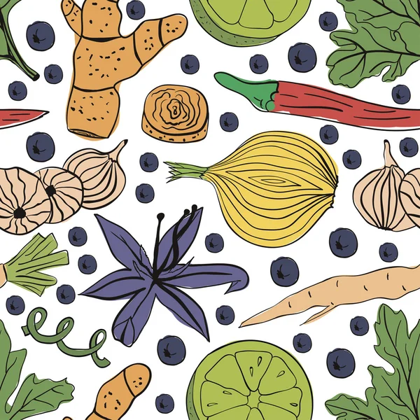 Hand drawn colorful vector seamless pattern eco spices — 스톡 벡터
