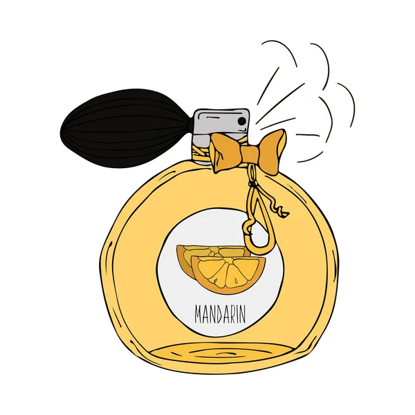 Ilustración dibujada a mano de una botella de perfume con el aroma del mandarín — Vector de stock