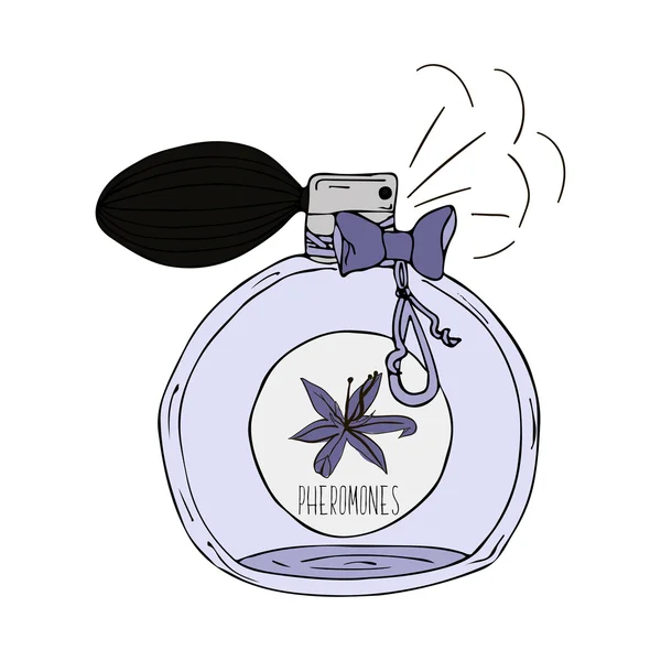 Ilustração desenhada à mão de uma garrafa de perfume com o cheiro de feromônios — Vetor de Stock