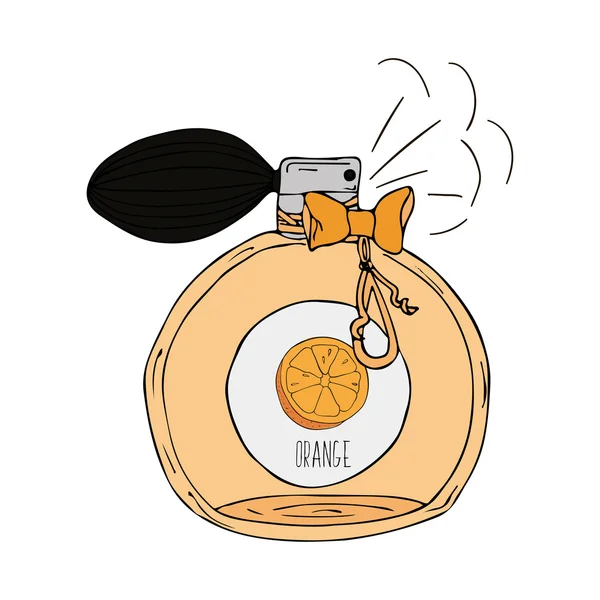 Illustrazione disegnata a mano di una bottiglia di profumo con il profumo di arancio — Vettoriale Stock