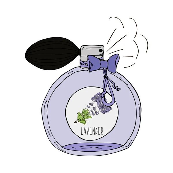 Illustrazione disegnata a mano di una bottiglia di profumo con profumo di lavanda — Vettoriale Stock