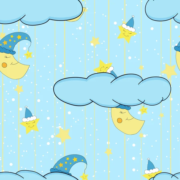 Cartoon cute illustration seamless pattern for a child 's room or bed linen and pajamas with smiling moon and stars. Векторная иллюстрация . — стоковый вектор