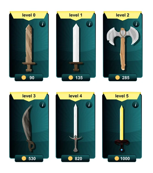 Interface game design resource includes game weapons from various metal materials and resource icon for mobile and online game. Playing cards with weapons. — Stock vektor