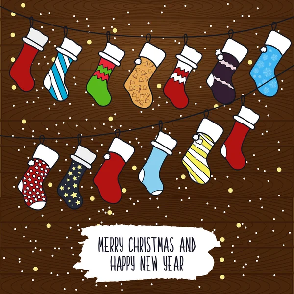 Illustration de bande dessinée mignonne sur le thème de joyeux Noël et bonne année avec une guirlande de Noël d'hiver festive en chaussettes pour des cadeaux et des surprises sur fond en bois. Vecteur — Image vectorielle