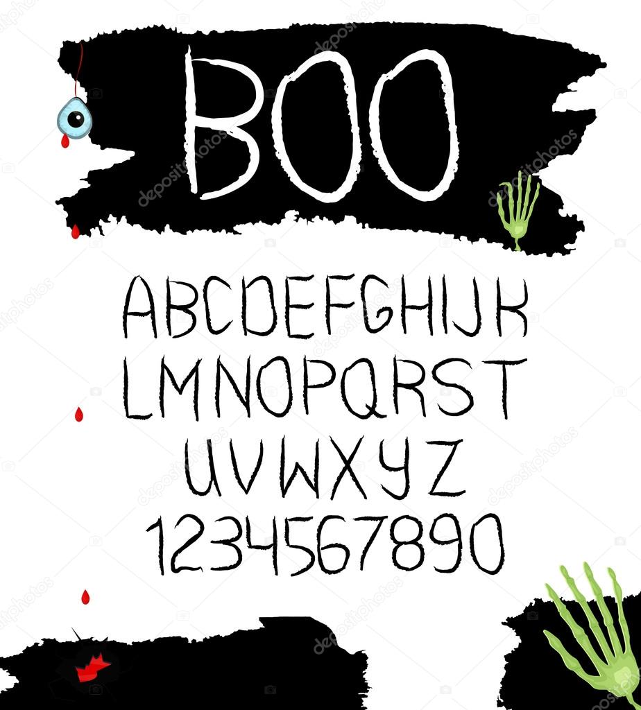 Hand drawn vector alphabet with numbers in black and white design for Halloween and the like. Vector