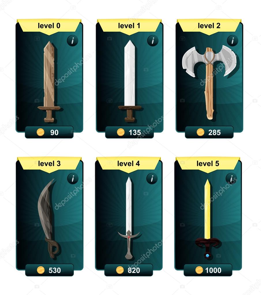 Interface game design resource includes game weapons from various metal materials and resource icon for mobile and online game. Playing cards with weapons.