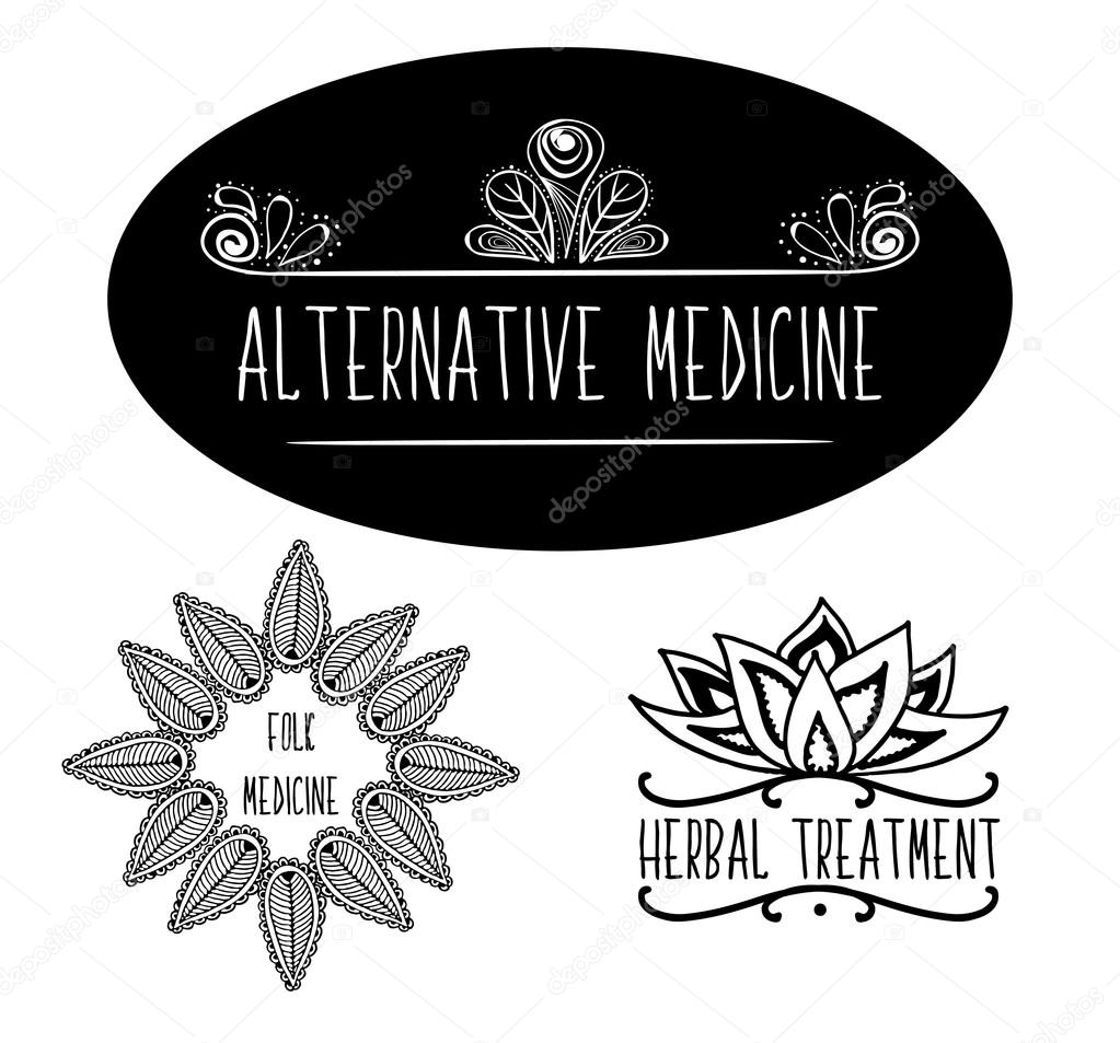 Hand-sketched typographic elements for ads, of signboards, packaging and identity and web designs. Alternative medicine, herbal medicine, Ayurvedic medicine, traditional medicine. Ayurveda product labels.