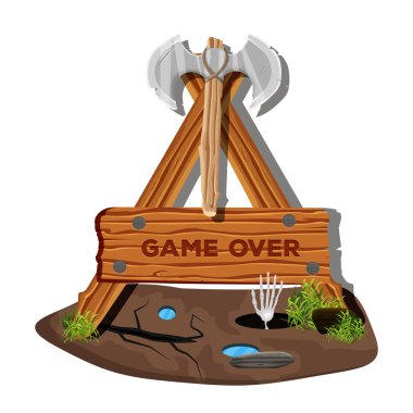 Marks colorful menu interface on a wooden sign in the grass for mobile games and applications. The game is over. Vector