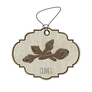Handdrawn illustration from the collection of spices and herbs. The old label in retro style with colorful fragrant cloves. Vector