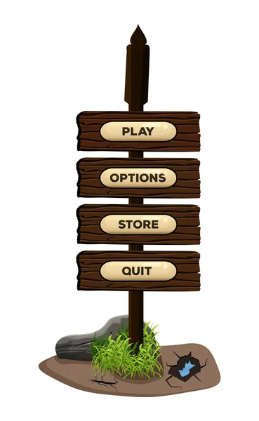 Interface de menu colorido jogo em um sinal de madeira na grama para jogos móveis e aplicações. Vetor — Vetor de Stock