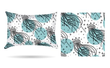 Decorative pillow with jellyfish pillowcase in an elegant, gentle style on a white background. Isolated on white. Interior design element. The aroma of the sea. Vector clipart