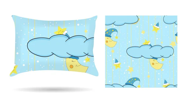 Cute children Decorative pillow with patterned pillowcase in cartoon style blue background. Isolated on white. Interior design element. Vector — Stockvector