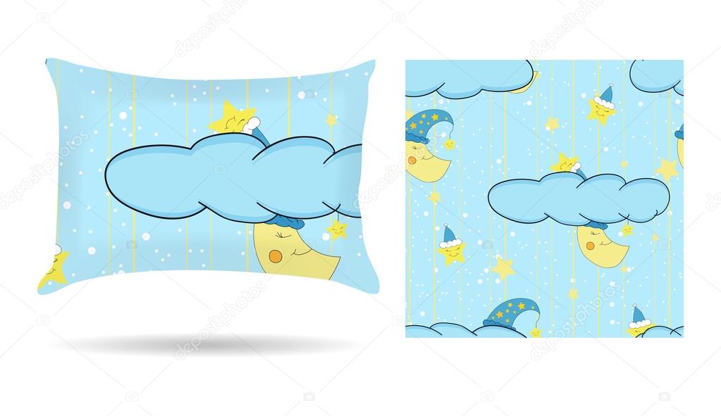 Cute children Decorative pillow with patterned pillowcase in cartoon style blue background. Isolated on white. Interior design element. Vector