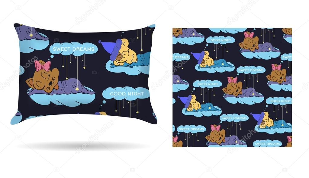 Cute children Decorative pillow with patterned pillowcase in cartoon style children are sleeping on the clouds. Isolated on white. Interior design element.  Vector