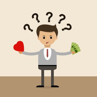 Business concept in flat design. The question of choice between love and money, family and career. Vector