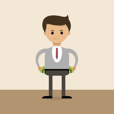 Business concept in flat design. The richest businessman of the world, their pockets full of money. Vector