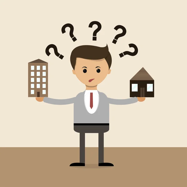Business concept in flat design. The question of choice between the house and the apartment, the village and the town. Vector