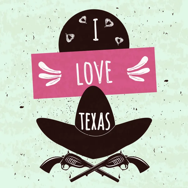Juicy colorful typographic poster with the attributes of the state of Texas America's hat and arms on a light background with a texture. I love Texas. Vector — Stockvector