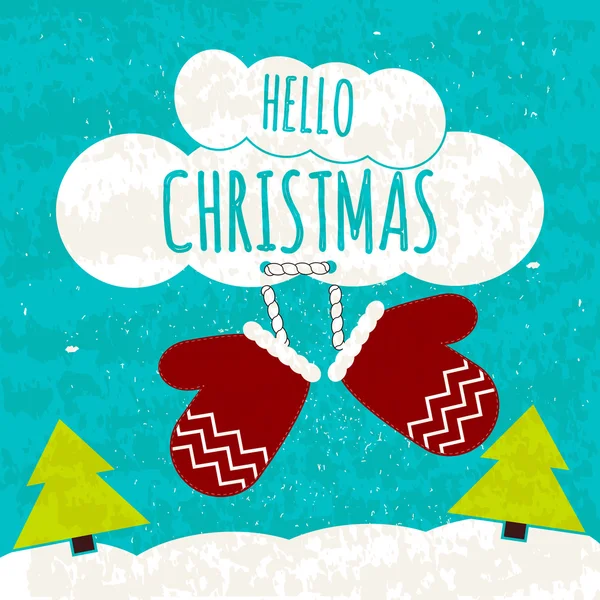 Poster tipografico colorato succoso con attributi dell'albero di Natale delle vacanze e guanti. Ciao Natale. Inverno caldo Volantino di Natale. Vettore — Vettoriale Stock