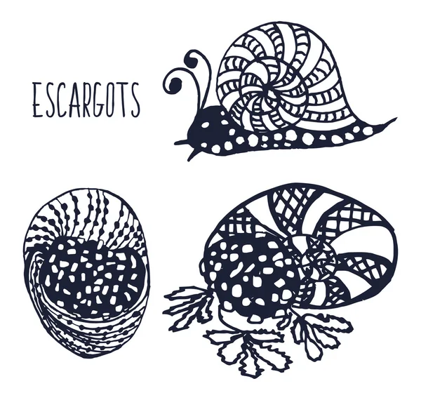 Illustration dessinée à la main de la collection de délicatesses exquises des cuisines du monde. L'ensemble des escargots vivants et farcis pour une utilisation dans le design. Vecteur — Image vectorielle