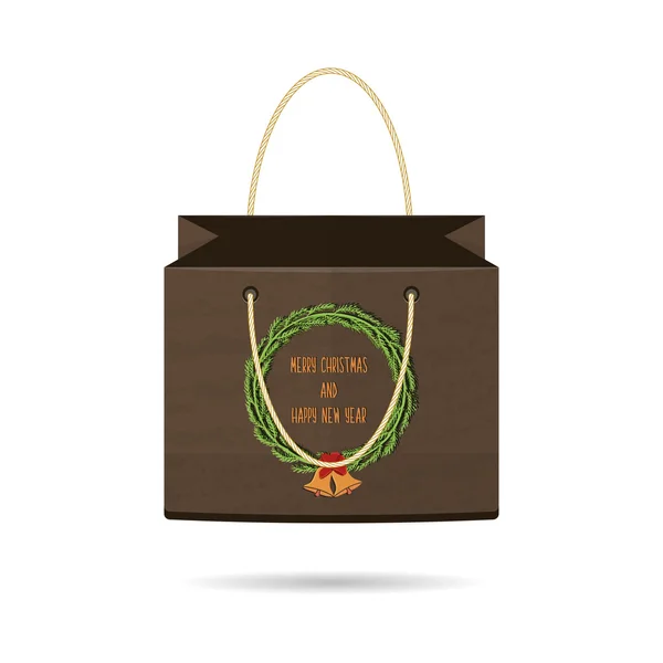 Paper Shopping Bags collection for the holiday merry Christmas and happy new year isolated with Christmas wreath with bells on white background. The design of the bag. Vector — Stockový vektor