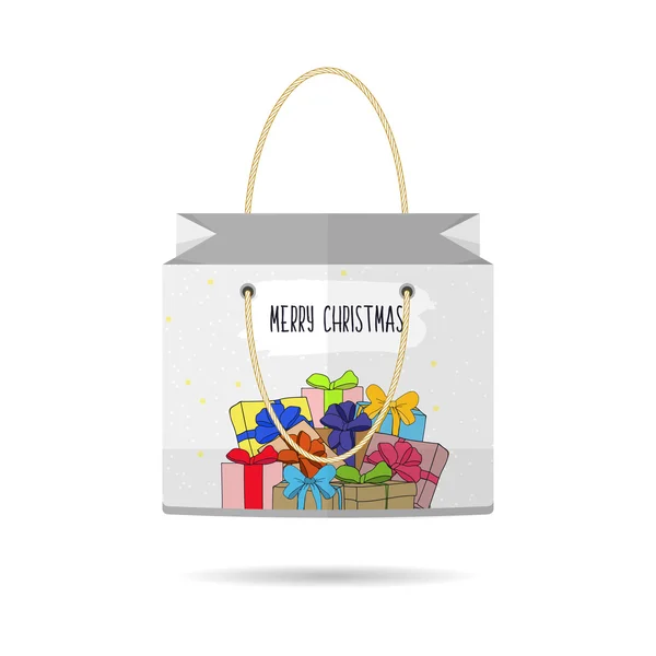 Paper Shopping Bags collection for the holiday merry Christmas and happy new year isolated with Christmas gifts on white background. The design of the bag. Vector — Stock Vector