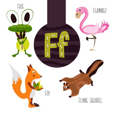 Fun animal letters of the alphabet for the development and learning of preschool children. Set of cute forest, domestic and marine animals with the letter f. Vector illustration clipart