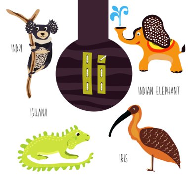 Fun animal letters of the alphabet for the development and learning of preschool children. Set of cute forest, domestic and marine animals with the letter i. Vector illustration