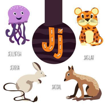 Fun animal letters of the alphabet for the development and learning of preschool children. Set of cute forest, domestic and marine animals with the letter j. Vector illustration