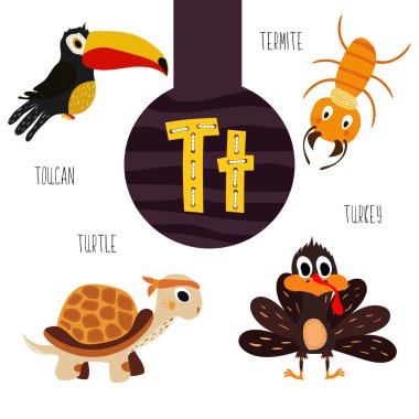Fun animal letters of the alphabet for the development and learning of preschool children. Set of cute forest, domestic and marine animals with the letter t. Vector illustration