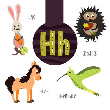Fun animal letters of the alphabet for the development and learning of preschool children. Set of cute forest, domestic and marine animals with the letter h. Vector illustration