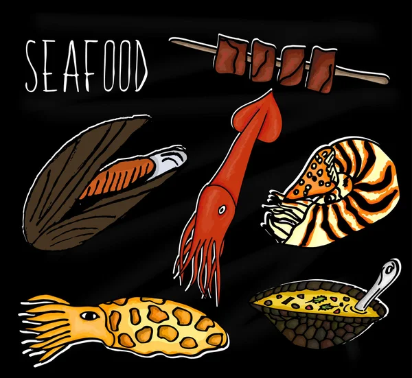Handdrawn illustration from the collection of seafood. The old school blackboard with colorful colorful marine inhabitants. Vector — Διανυσματικό Αρχείο