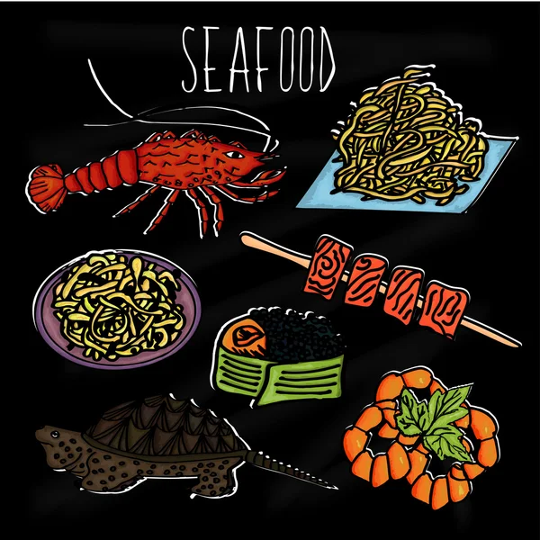 Handdrawn illustration from the collection of seafood. The old school blackboard with colorful colorful sea creatures and dishes from them. Vector — Διανυσματικό Αρχείο
