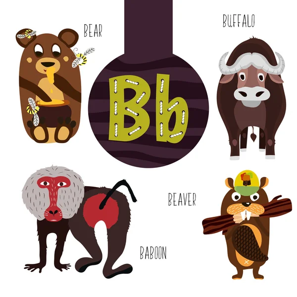 Lettres amusantes de l'alphabet animal pour le développement et l'apprentissage des enfants d'âge préscolaire. Ensemble d'animaux mignons forestiers, domestiques et marins avec la lettre b. Illustration vectorielle — Image vectorielle