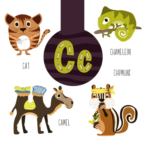 Fun animal letters of the alphabet for the development and learning of preschool children. Set of cute forest, domestic and marine animals with the letter c. Vector illustration — Stock Vector