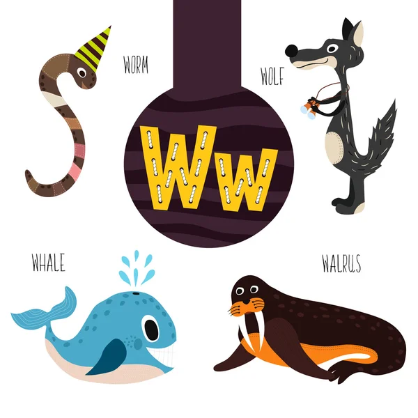 Fun animal letters of the alphabet for the development and learning of preschool children. Set of cute forest, domestic and marine animals with the letter w. Vector — Stok Vektör