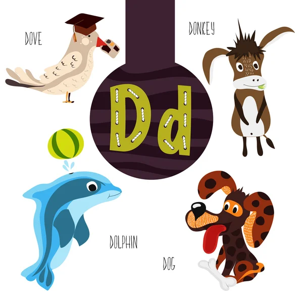 Letras animales divertidas del alfabeto para el desarrollo y el aprendizaje de los niños en edad preescolar. Conjunto de lindos animales forestales, domésticos y marinos con la letra d. Ilustración vectorial — Vector de stock