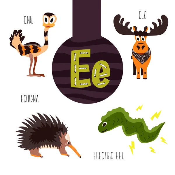 Letras animales divertidas del alfabeto para el desarrollo y el aprendizaje de los niños en edad preescolar. Conjunto de lindos animales forestales, domésticos y marinos con la letra e. Ilustración vectorial — Archivo Imágenes Vectoriales