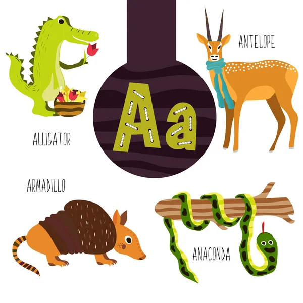 Letras divertidas do alfabeto para o desenvolvimento e aprendizagem de crianças pré-escolares. Conjunto de bonitos animais florestais, domésticos e marinhos com a letra a. Ilustração vetorial —  Vetores de Stock